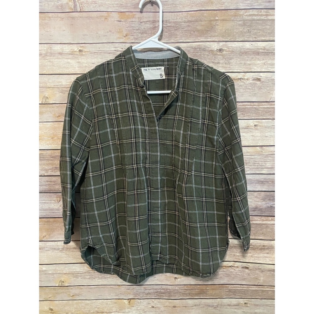 Rag & Bone Collarless Green Pleat Plaid Shirt Top Size Small